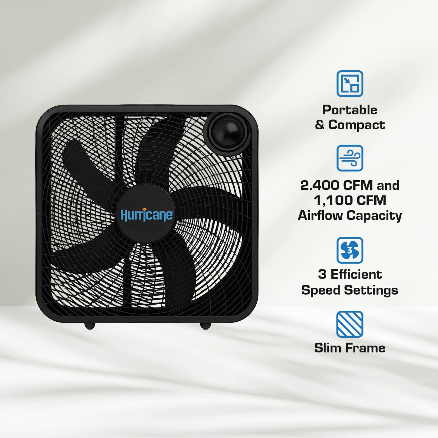 Hurricane Classic Floor Mount Box Fan w/ 3 Quiet Speeds, Black, 20" - Corded Portable Electric Air Cooling Unit w/ Powerful 2400 CFM Airflow for Home, Garage, Office, Bedroom & Basement