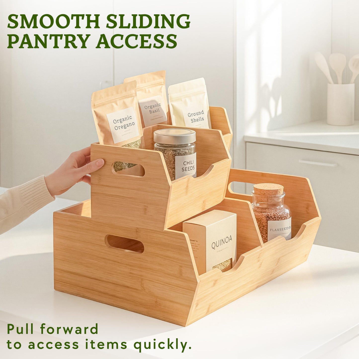 HOMESTEAD Extra Large Bamboo Pantry Storage Bins – 30% Larger, Stackable Potato Onion Storage Bin, Large Pantry Organizers and Storage, Produce Vegetable Organizer, Set of 3