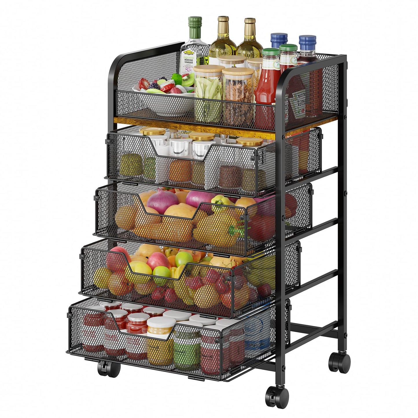 LUMAMU 5-Tier Rolling Kitchen Cart with Drawers - Kitchen Storage Cart on Wheels,Pantry Snack Cart,Fruit and Vegetable Storage Cart with Wood Top,Rolling Utility Cart for Potato and Onion Storage