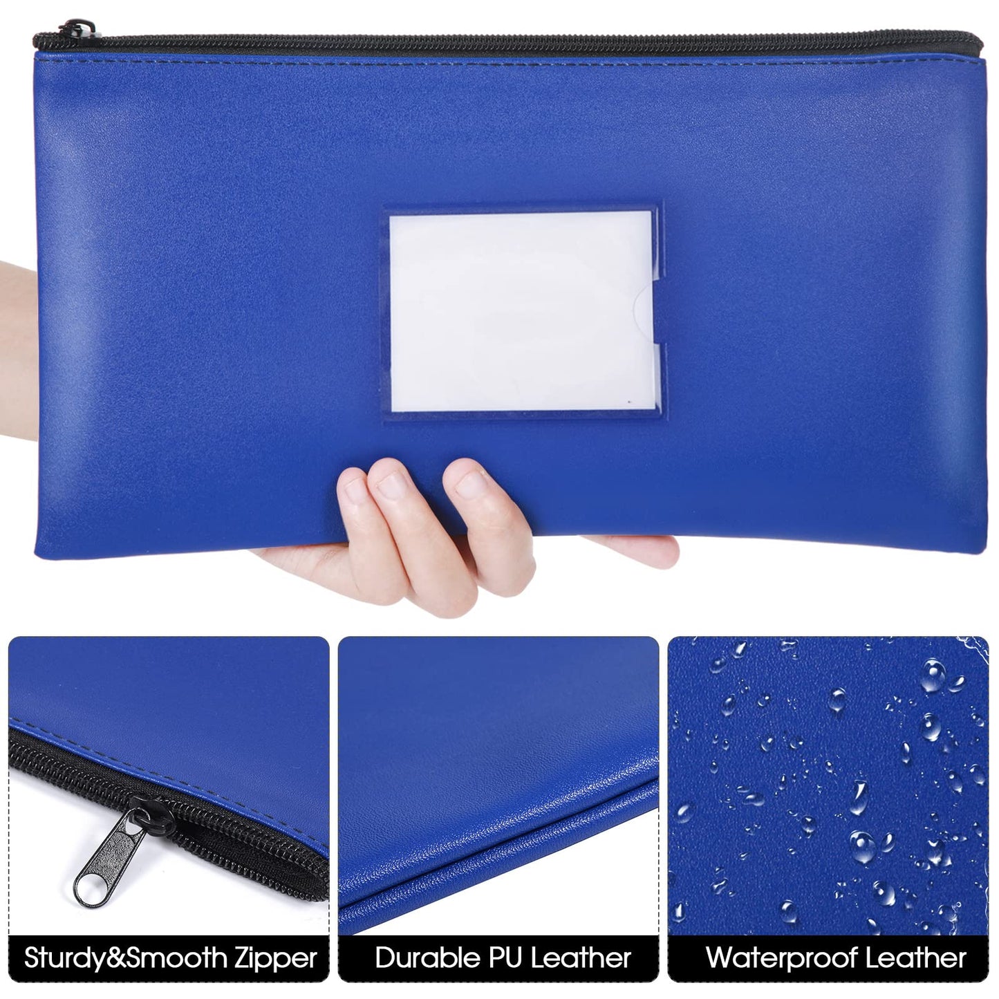 Potchen 20 Pcs Money Bank Bag with Zipper 11 x 6 Inch Money Pouch Bulk Security Bank Deposit Bag with Clear Window Leatherette Cash Coin Wallet for Women Men(Dark Blue)