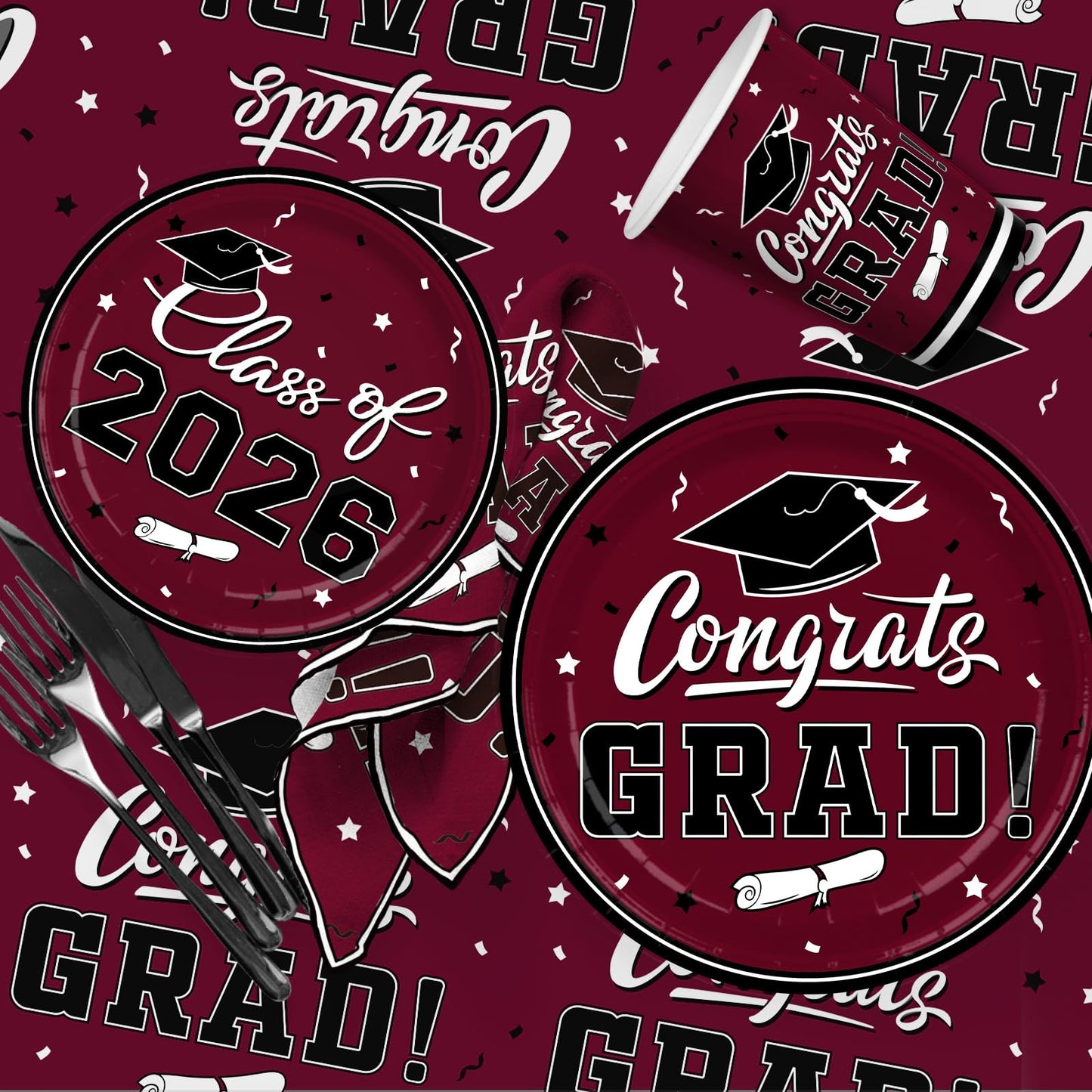 Graduation decorations 2026 Maroon Congrats Grad Party Dinnerware Set Disposable Paper Plates Napkins Cups Tablecloth Banner for Congrats Graduation Decorations 2026 deals, Serve 25