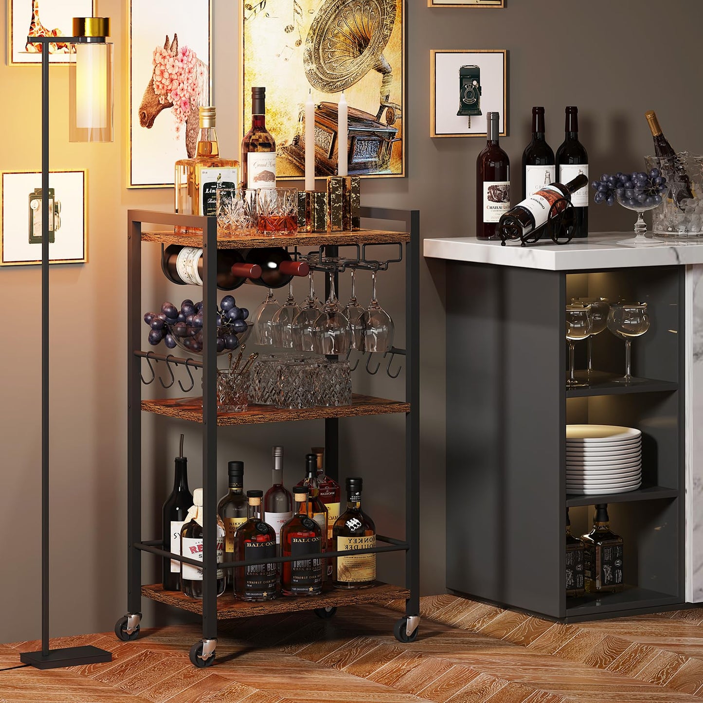 TUTOTAK Bar Cart, Home Bar Serving Cart with 3-Tier Shelf, Drink Cart with Wine Rack, Glass Holder, Rolling bar carts for the Home, Living Room, Brown BC01BB035