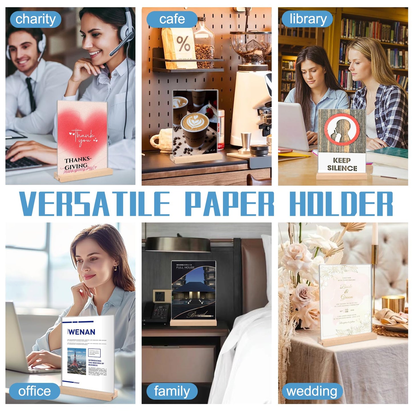 12 Pack Acrylic Sign Holder 8.5 x 11, L/T Shape Double Sided wood Picture Frame Stand up Table Top Sign Holders, Clear Display Stand Menu Flyer Holder for Wedding Party (Provide Non slip Mats)