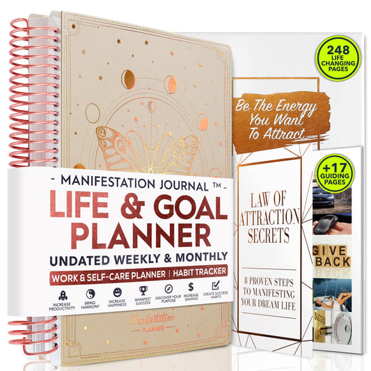 Manifestation Journal – Hourly, Weekly & Monthly Planner | 12-Month to Increase Productivity, Life Organizer & Goal Planner | Spiral Journal, Habit Tracker, Foldable Vision Board, Gift Box & Stickers