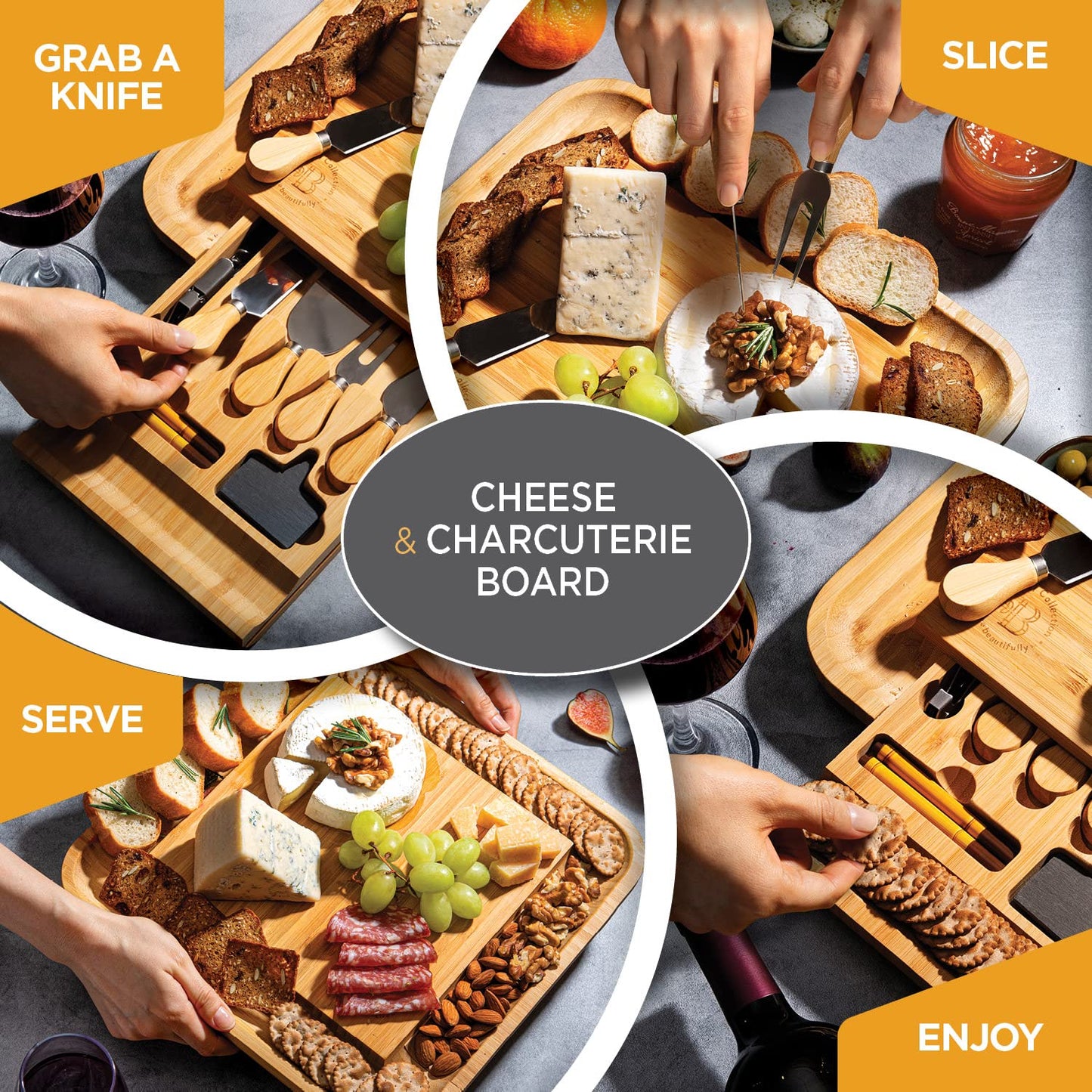 Bambüsi Charcuterie Boards - Large Bamboo Cheese Board Set with Knives for Serving Meat + Cheese Platter - House Warming Gifts for New Home, Wedding, Bridal Shower, Birthday Gifts for Women, Hostess