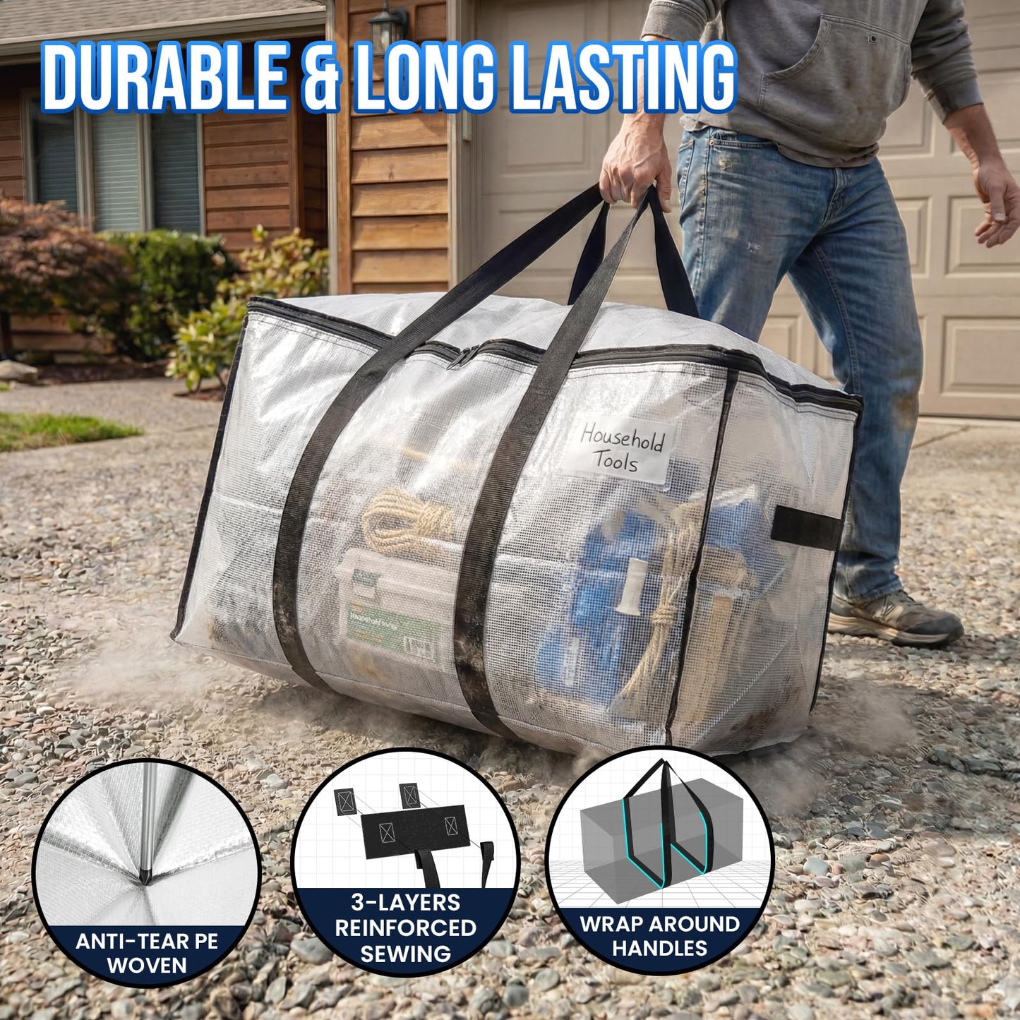 TAILI Extra Large Moving Bags, 6 Pack Clear Heavy Duty Totes For Storage with Visible Window, Wrap Around Handles, Storage Bags for Space Saving, Alternative to Moving Boxes