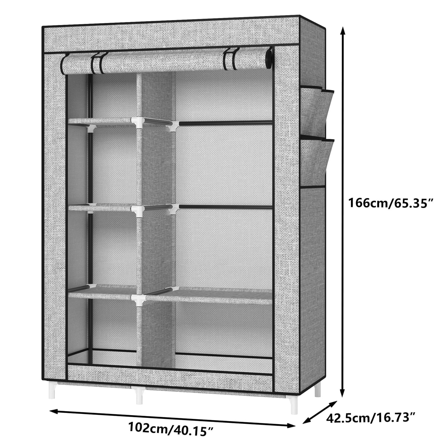 Calmootey Portable Closet Organizers, Clothing Storage, Wardrobe with 6 Shelves and Hanging Rod, Non-Woven Fabric Cover with 4 Side Pockets, Ash Grey