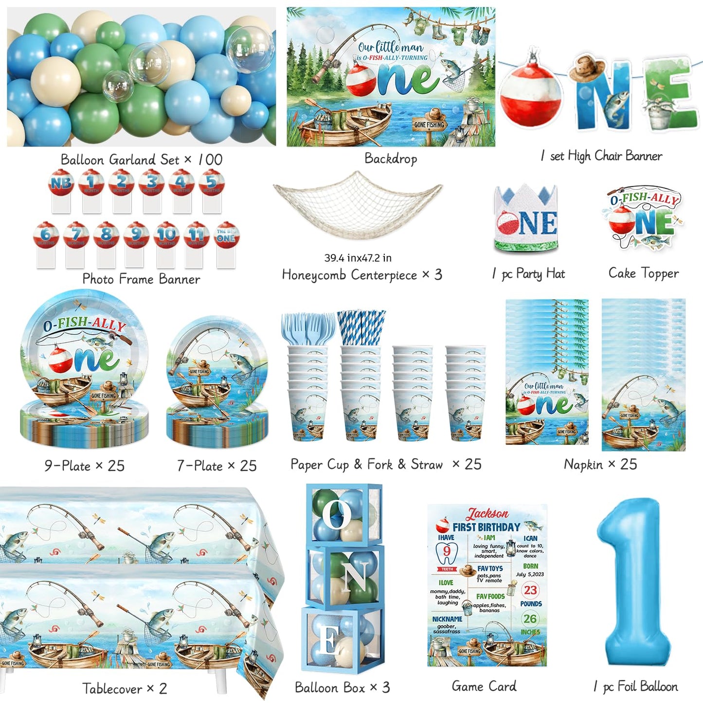 Fexivo 263pcs Ofishally One Birthday Decorations Complete Party Set, for 25 Guests, O Fishally One First Birthday Decorations Balloon Arch, Backdrop, Plates for Gone Fishing Party Decoration