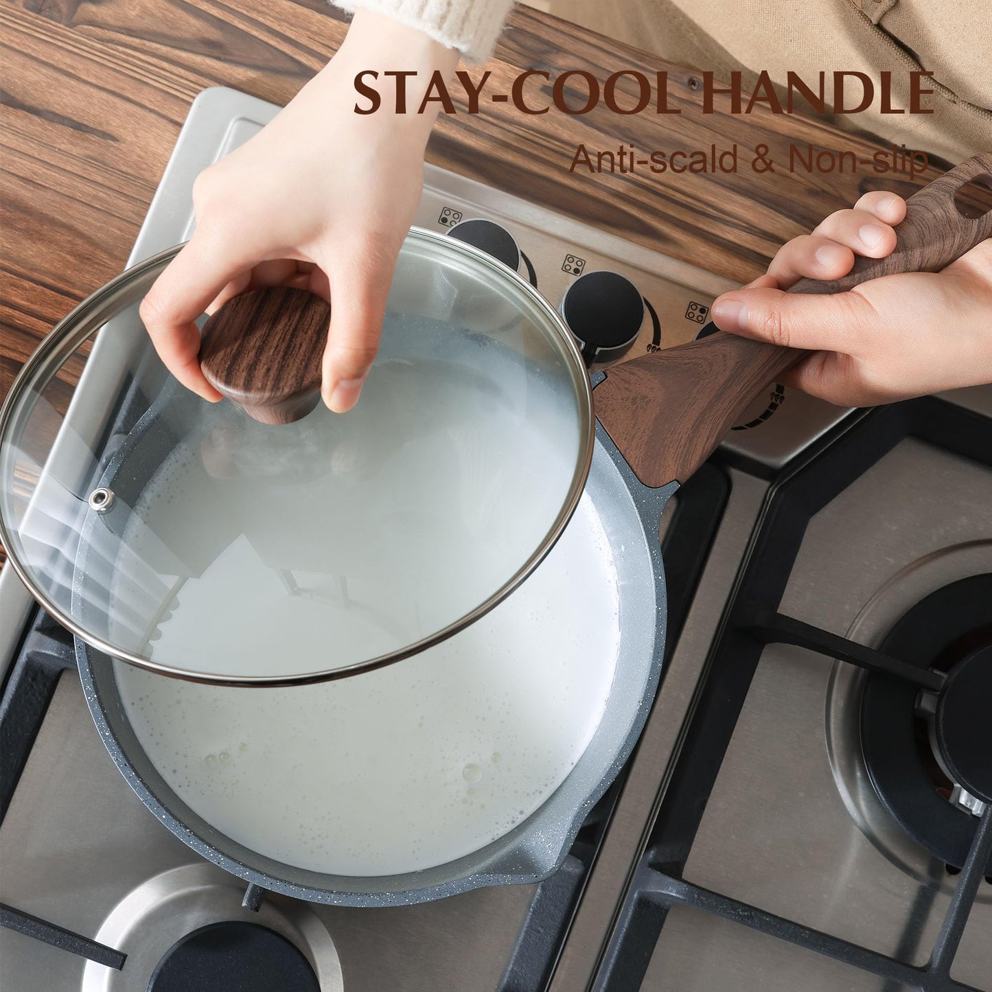 SENSARTE Nonstick Sauce Pan with Double Spout, 3.0 Quarts Swiss Granite Coating Sauce Pot with Lid Medium Kitchen Cooking Pot, Induction Comptable Saucepan, Free of Intentionally Added PFOA