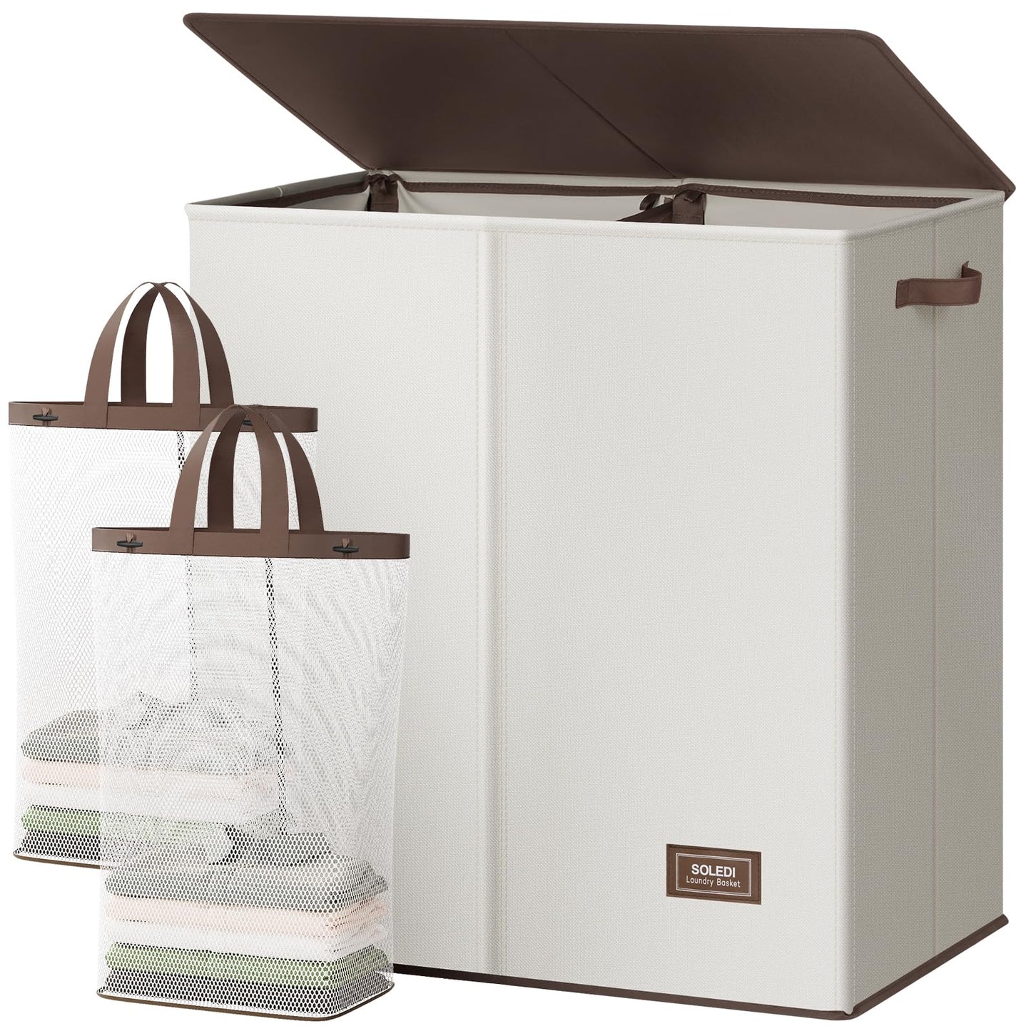 SOLEDI Large Double Laundry Hamper with Lid,165L Collapsible Clothes Hamper 2 section with Removable Bags, Space-Saving Laundry Basket for Bedroom, Dorm, College