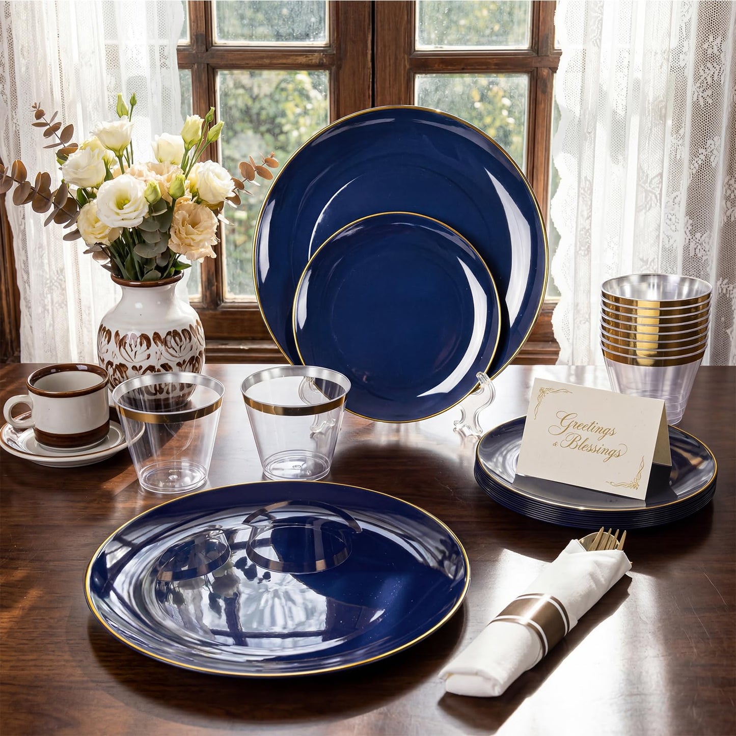 KIRE 175Pcs Blue Plastic Plates - Navy Blue Plates Disposable - 25 for Dinner 25 for Dessert 25 Pre Rolled Napkins with Gold Plastic Silverware and 25 Cups for Memorial Day/Graduation/Father's Day