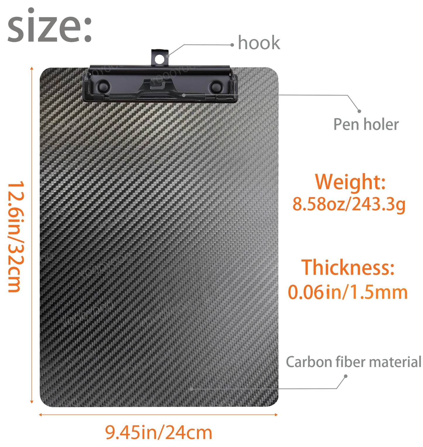YOOOYOOO 9.4 * 12.6 * 0.06inch Carbon Fiber clipboard,Ultra Hard&Weight Light&Portable,Strong Black Low Profile Clip with Hook&Pen Holder,Letter/A4 Size Writing Board,Classic 3k Twill