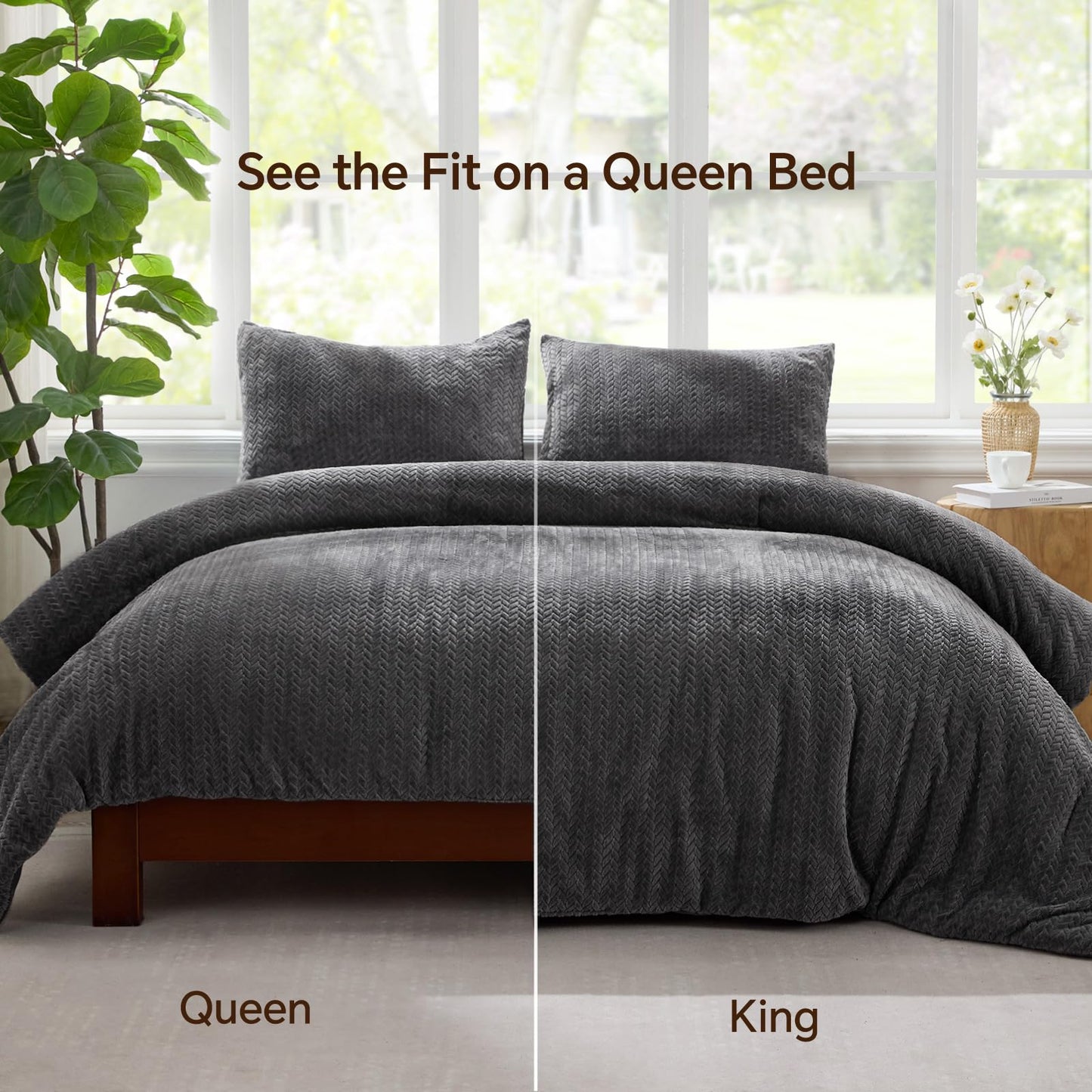 ChiXpace Flannel Fleece Queen Comforter Set - Ultra Soft Furry Grey Leaves Pattern Faux Fur Bed Set, Winter Fuzzy Fluffy Comfort Set, Velvet Bedding Set for Bed with 2 Pillow Cases