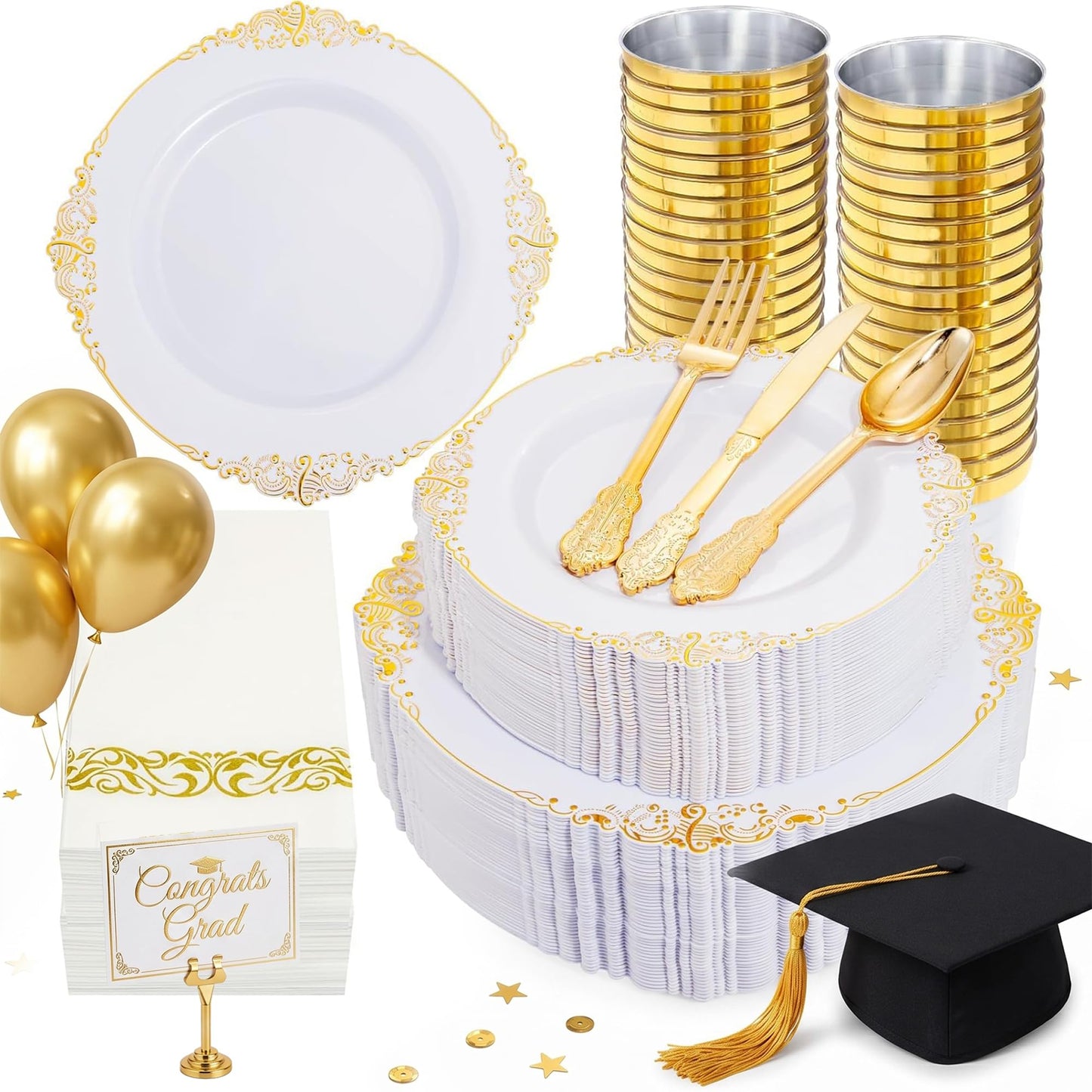 Nervure 350PCS Gold Plastic Dinnerware - White and Gold Disposable Plates for 50 Guests - 100 White Disposable Plates, 150 Plastic Silverware, 50 Cups, 50 Napkins for Wedding & Party & Graduation
