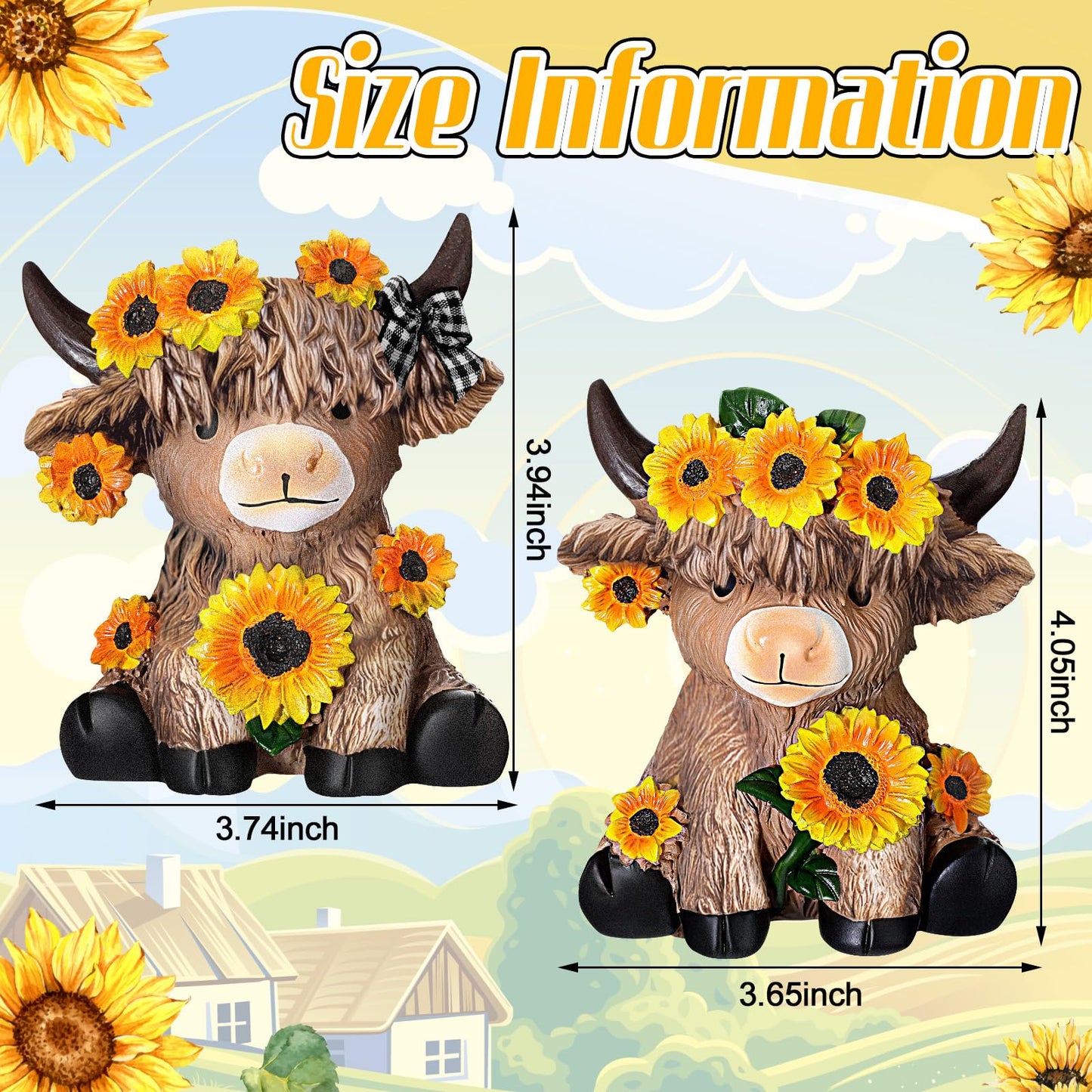 Wesiti 2 Pcs Summer Sunflower Highland Cow Figurines Gifts, Cute Highland Cow Statue Farmhouse Desk Decorations Resin Gnomes Scottish for Spring Home Garden Kitchen Office Decor