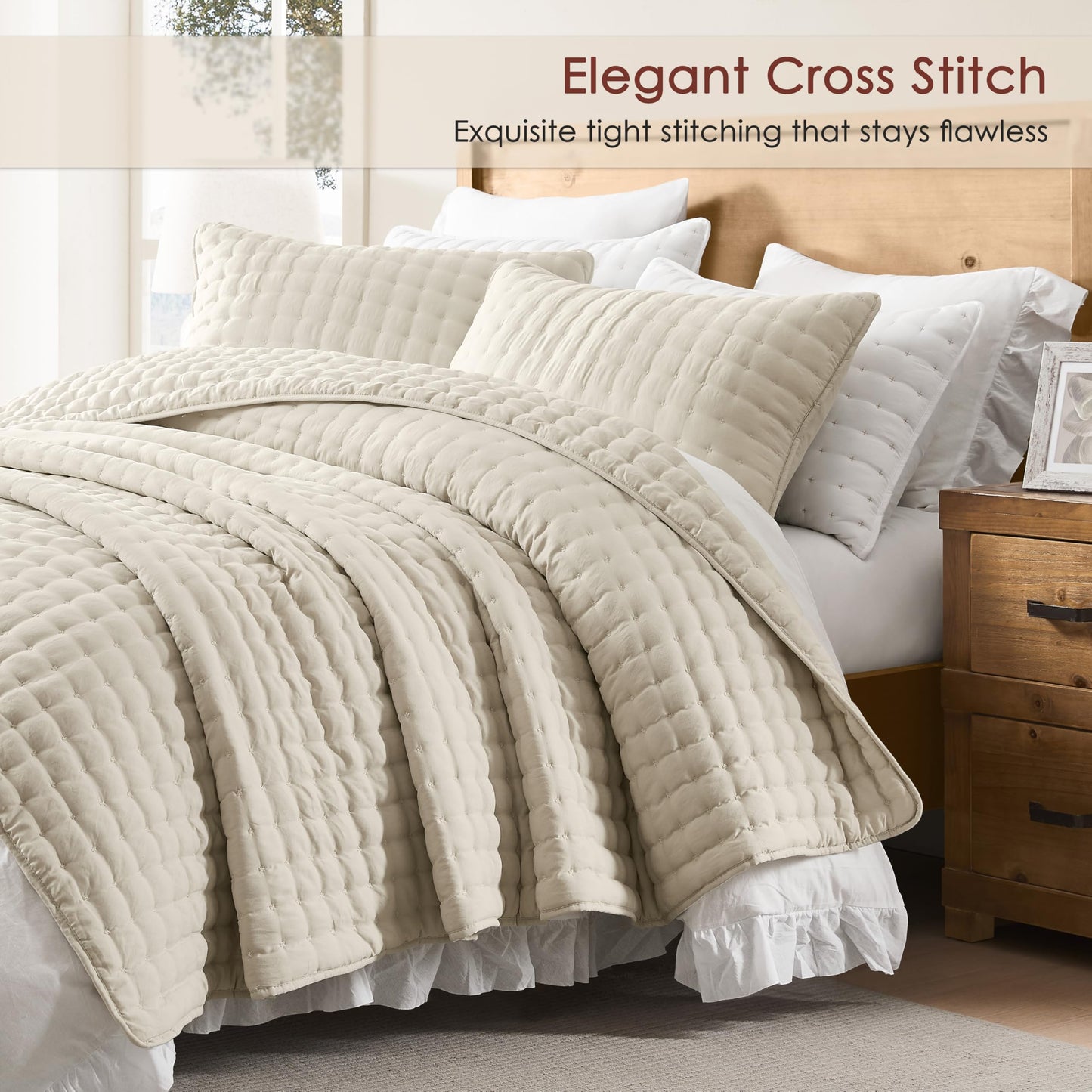 WDCOZY Beige King Size Quilt Bedding Sets with 2 Pillow Shams, Neutral Lightweight Soft Bedspread Coverlet, Quilted Blanket Thin Comforter Bed Cover for All Season, 3 Pieces, 104x90 inches