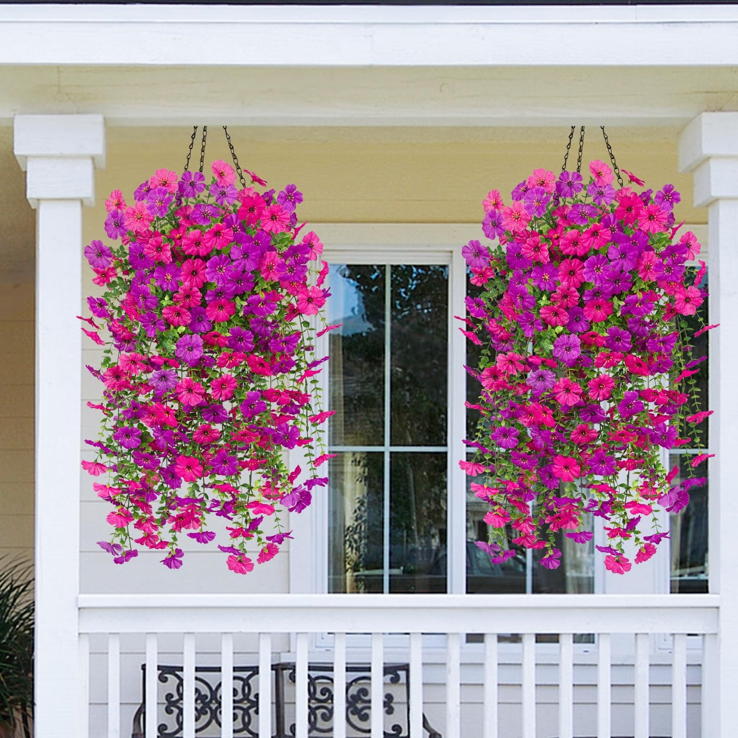 Dolicer 8 Pcs Look Real Artificial Flowers for Outdoors, Realistic Fake Artificial Hanging Flowers for Outdoors UV Resistant Silk Faux Hanging Plants Flowers for Porch Patio Garden (Purple+Fuchsia)