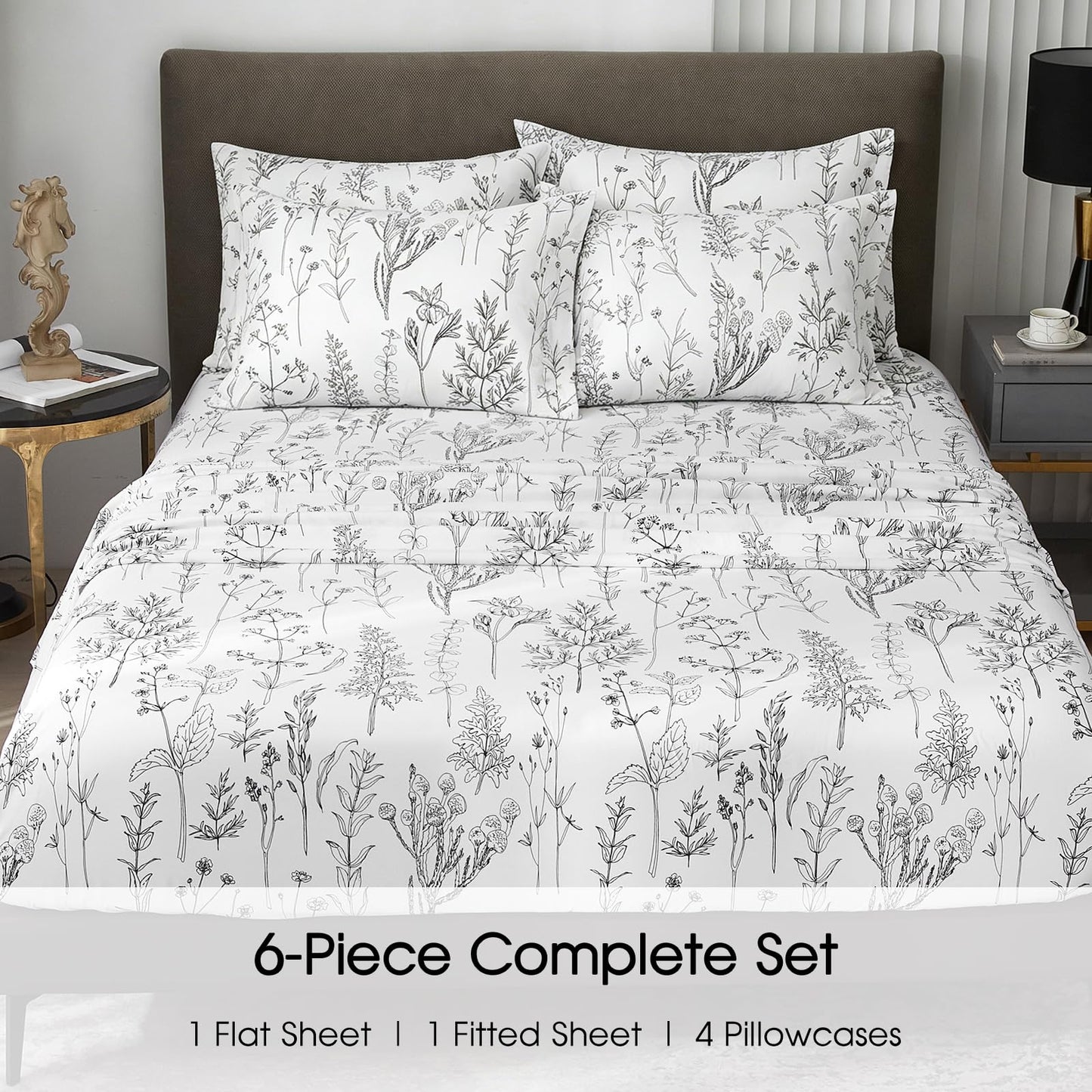 HYPREST 6 Piece King Size Sheets Set, Floral Sheets White and Black Patterned Sheets Deep Pocket up to 18 inches