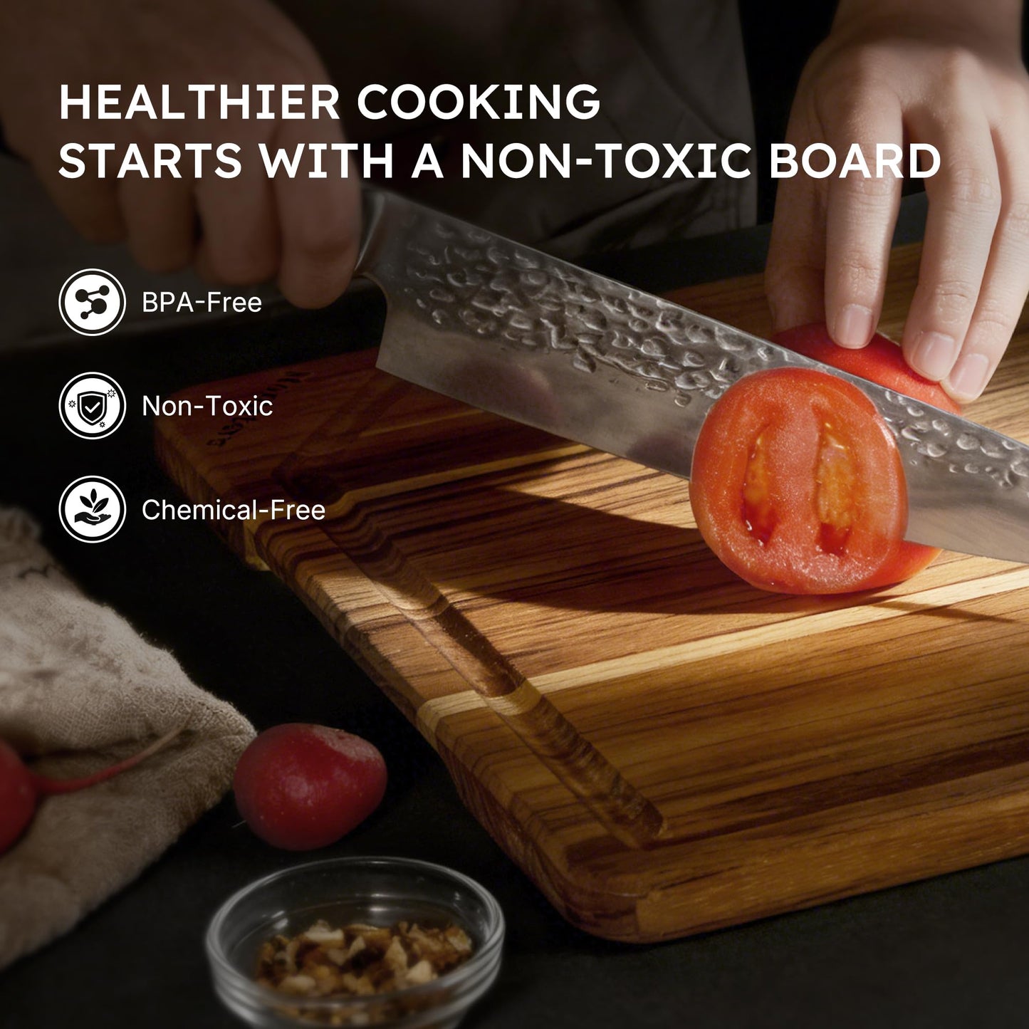 3 Pack Teak Wood Cutting Board Set for Kitchen Charcuterie Board Serving Heavy Duty Non Toxic Slip Hardwood Over Sink Solid Thick Haus Wooden Chopping Board Large Big Small Meat Best Essential Gift