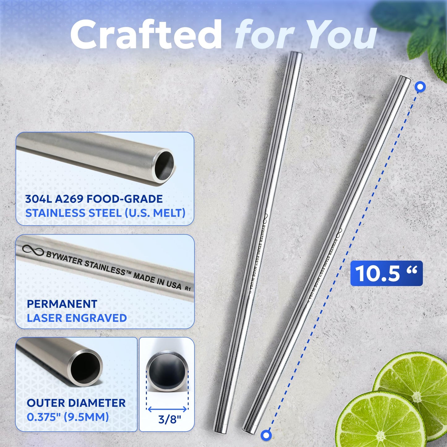 Made in USA Bywater Stainless Steel 10.5 Inch Straw Set of 2 Food Grade Premium Straws. Fits Stanley, Yeti Straw Lid, Owala and Many Others With Standard Straws. DOES NOT FIT FLIP STYLE LIDS