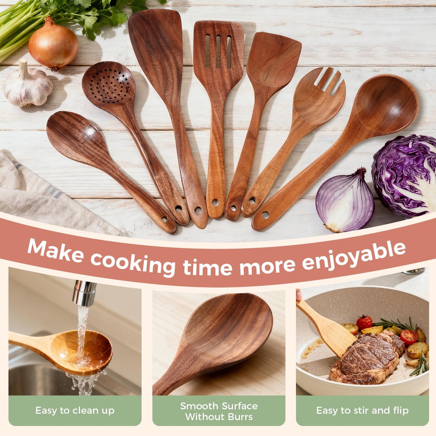 Wooden Spoons for Cooking - 7 Pieces Wooden Kitchen Utensils Set, Smooth Natural Teak Wood Utensil Set, Nonstick Heat-Resistant Cooking Utensils - Lightweight & Sturdy, Wooden Spatula for Cooking
