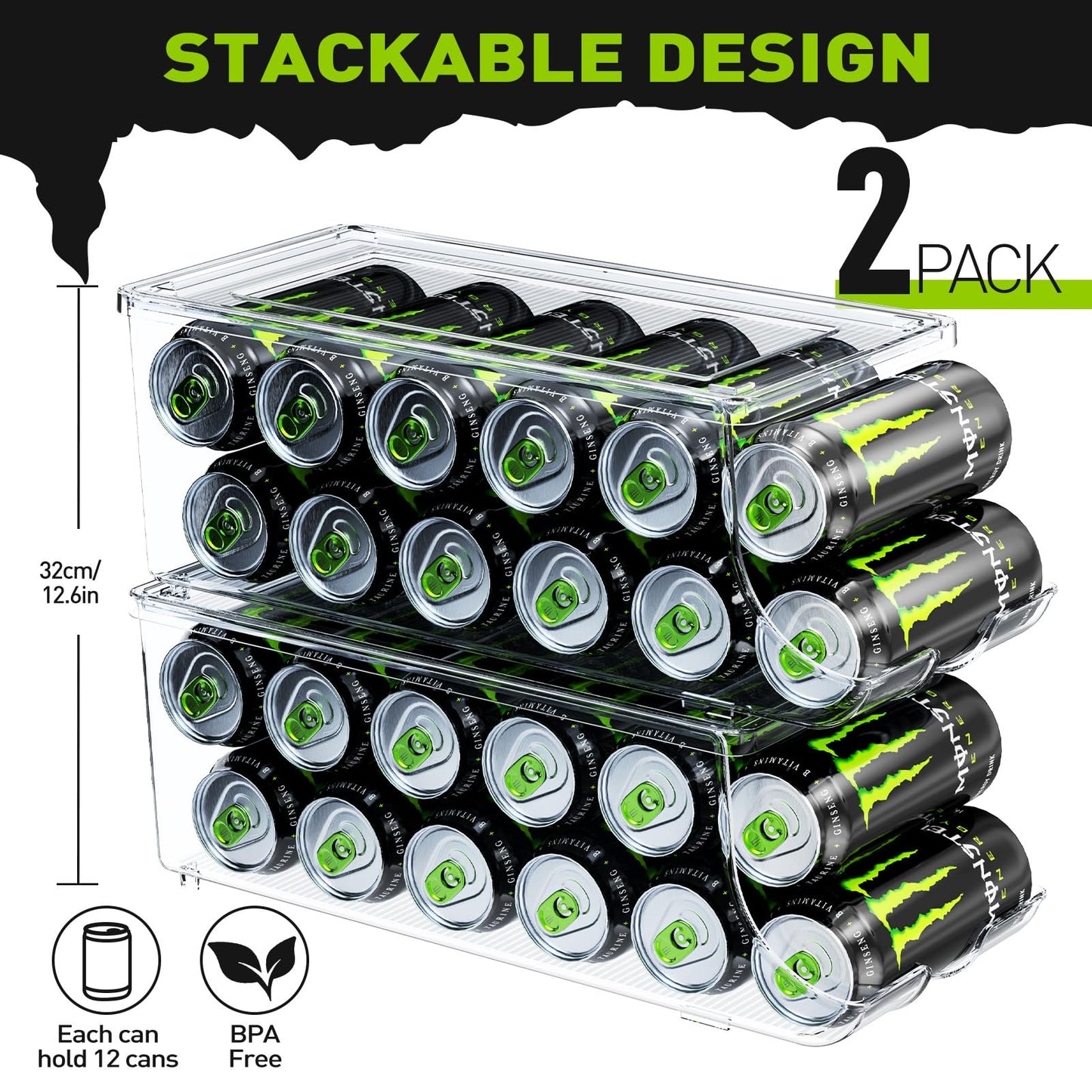 SCAVATA 2 Pack Tall Skinny Can Organizer for Refrigerator, Stackable Large Soda Cans of 16oz & 17oz Beverage Energy Drink Container Holder Dispenser with Lid for Fridge, Clear Storage Plastic Bins