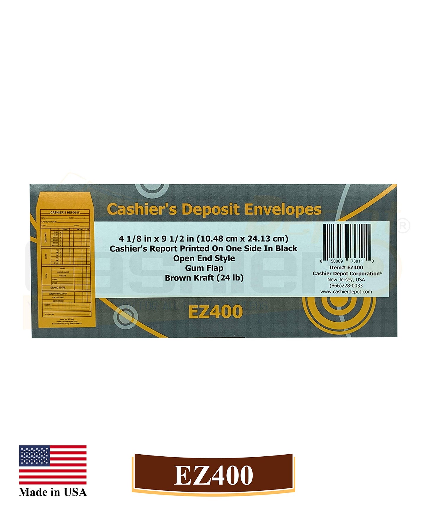500 Cashier Depot EZ400 Cashier's Deposit Report Envelope, 4 1/8" x 9 1/2", Sturdy 24lb. Brown Kraft, Cash Drop Envelopes For Hotels, Restaurants, Gas Stations & Retailers, 500/Box