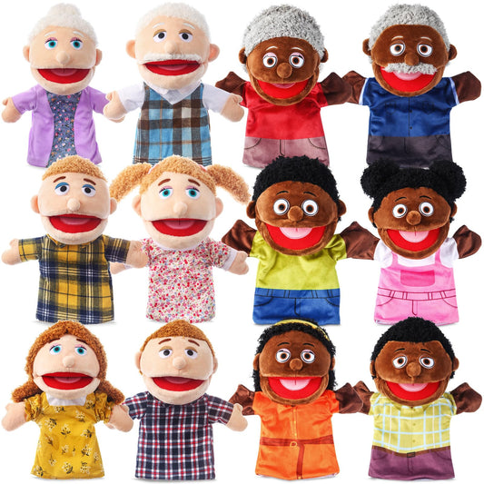 12 Pcs Family Hand Puppets 12 Inch Grandparents Mom Dad Brother Sister Plush Toys Role-Play Toy Puppets for Kids Storytelling Imaginative Pretend Play Teaching Preschool(Multicultural Family)
