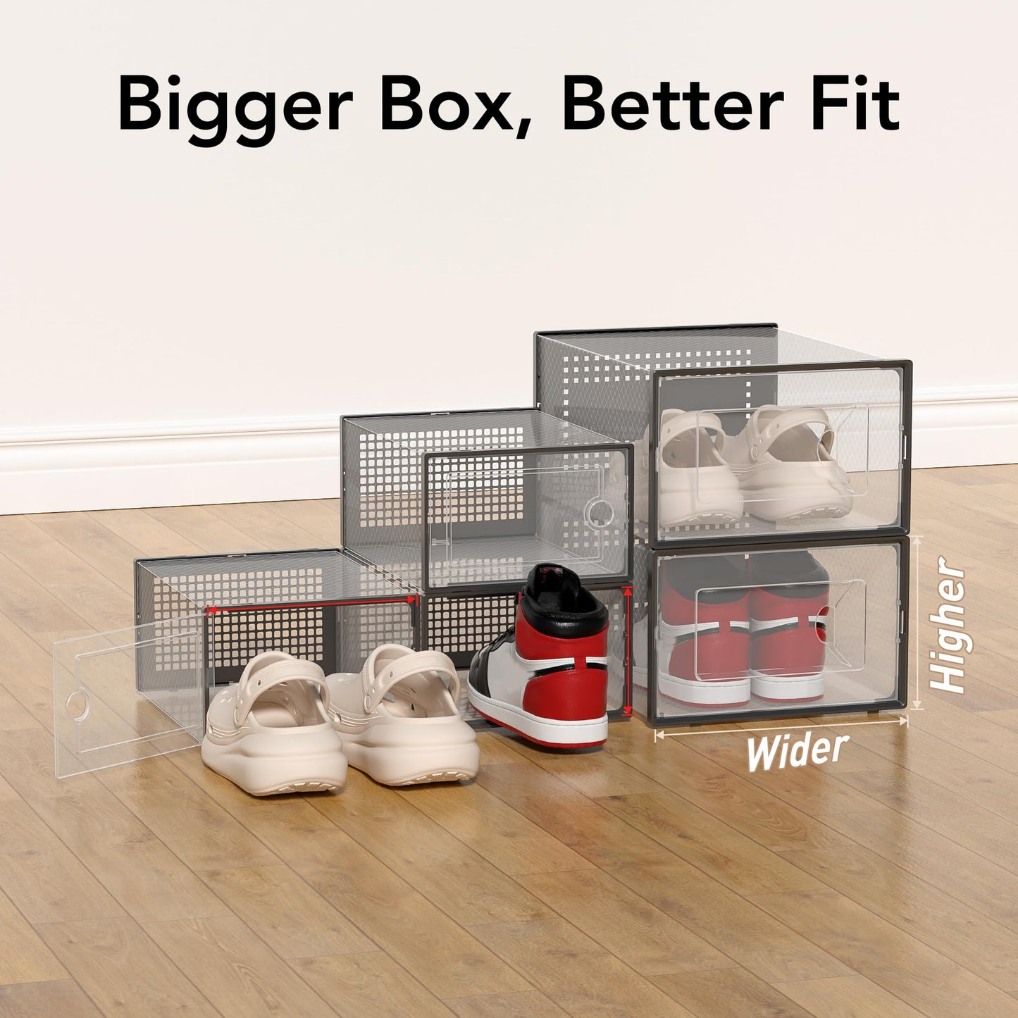 Foluck X-Large Shoe Storage Box, 15 Pack Clear Plastic Stackable Shoe Organizer for Closet, Interlocking Design Shoe Container Bins for Sneakers, Foldable Shoe Rack with Lids, Black
