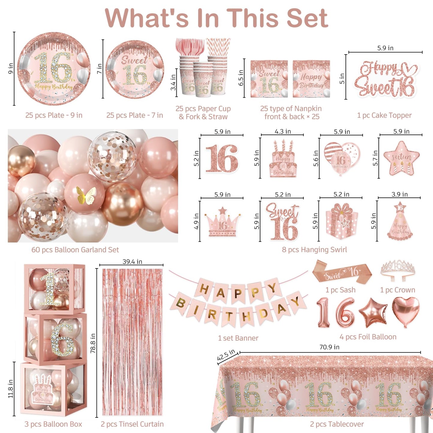Cocomigo 241pcs Sweet 16 Party Decorations, Complete 16th Birthday Decorations for Girls Sweet 16 Sash Pink Rain Curtains Suitable for Photos at 16th Party, Sturdy 300gsm Paper Plates Serves 25