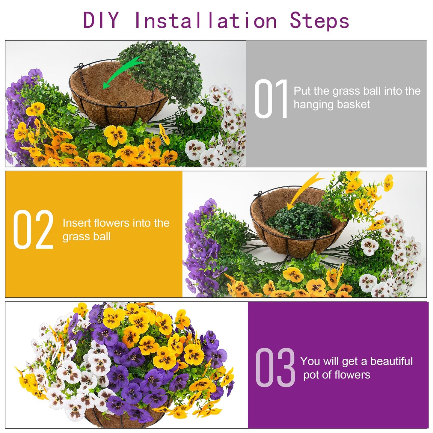 lovemoon 2 Sets Artificial Hanging Pansy Flowers with Baskets, 24 Pcs UV Resistant Faux Silk Pansy Outdoor Hanging Flower for Porch Patio Garden Home Spring Decor (2, White,Yellow,Purple)