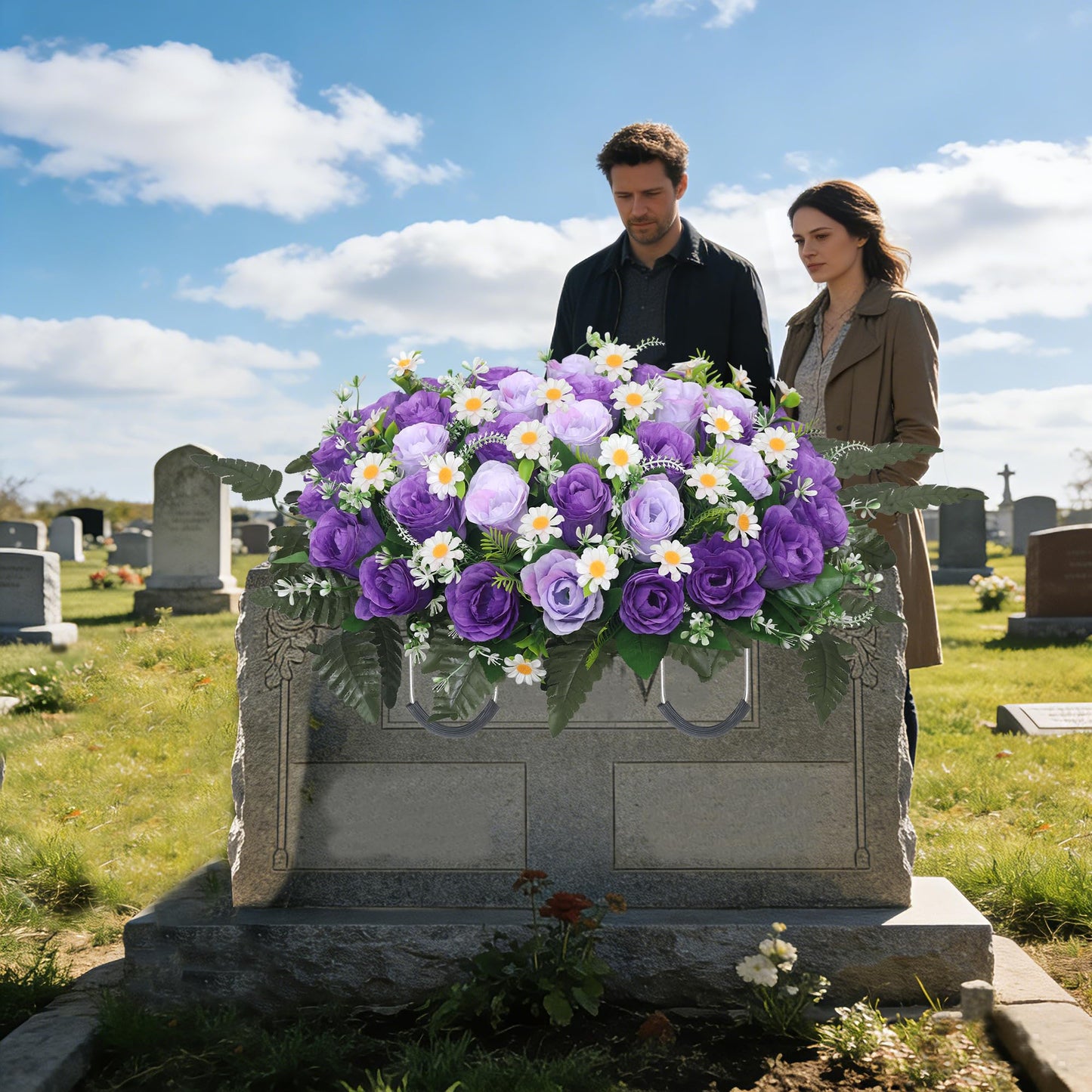 Wocst Headstone Flower Saddle,Large Artificial Cemetery Flowers for Grave Artificial Roses Daisy Saddle for Cemetery Headstone (Purple)
