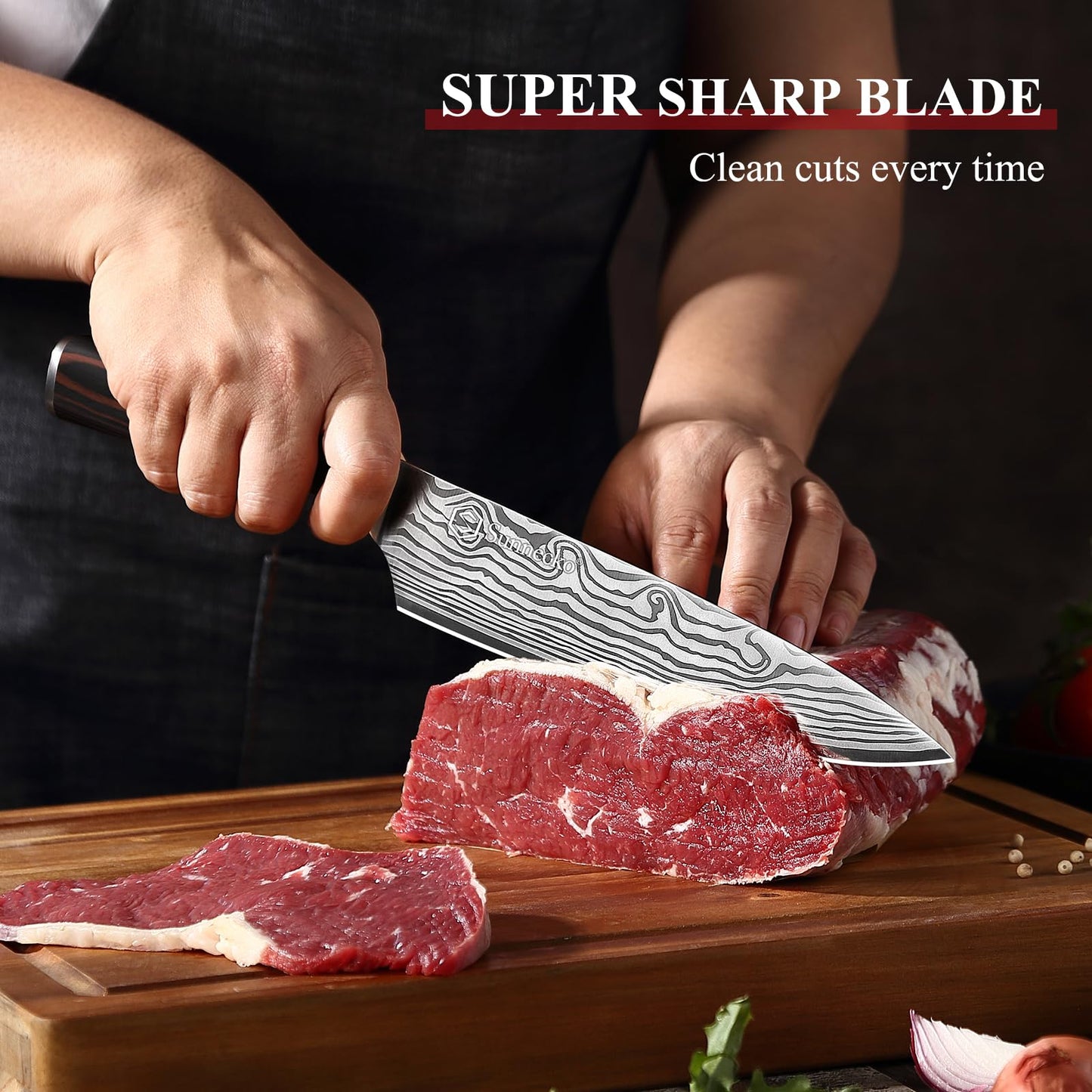 Sunnecko 8 Inch Chef Knife - Ultra Sharp 12-15 Degree Edge Kitchen Knife for Meat Vegetable Cutting Japanese Style, High Carbon Stainless Steel Blade, Pakkawood Handle &Sheath, Cooking Father Day Gift