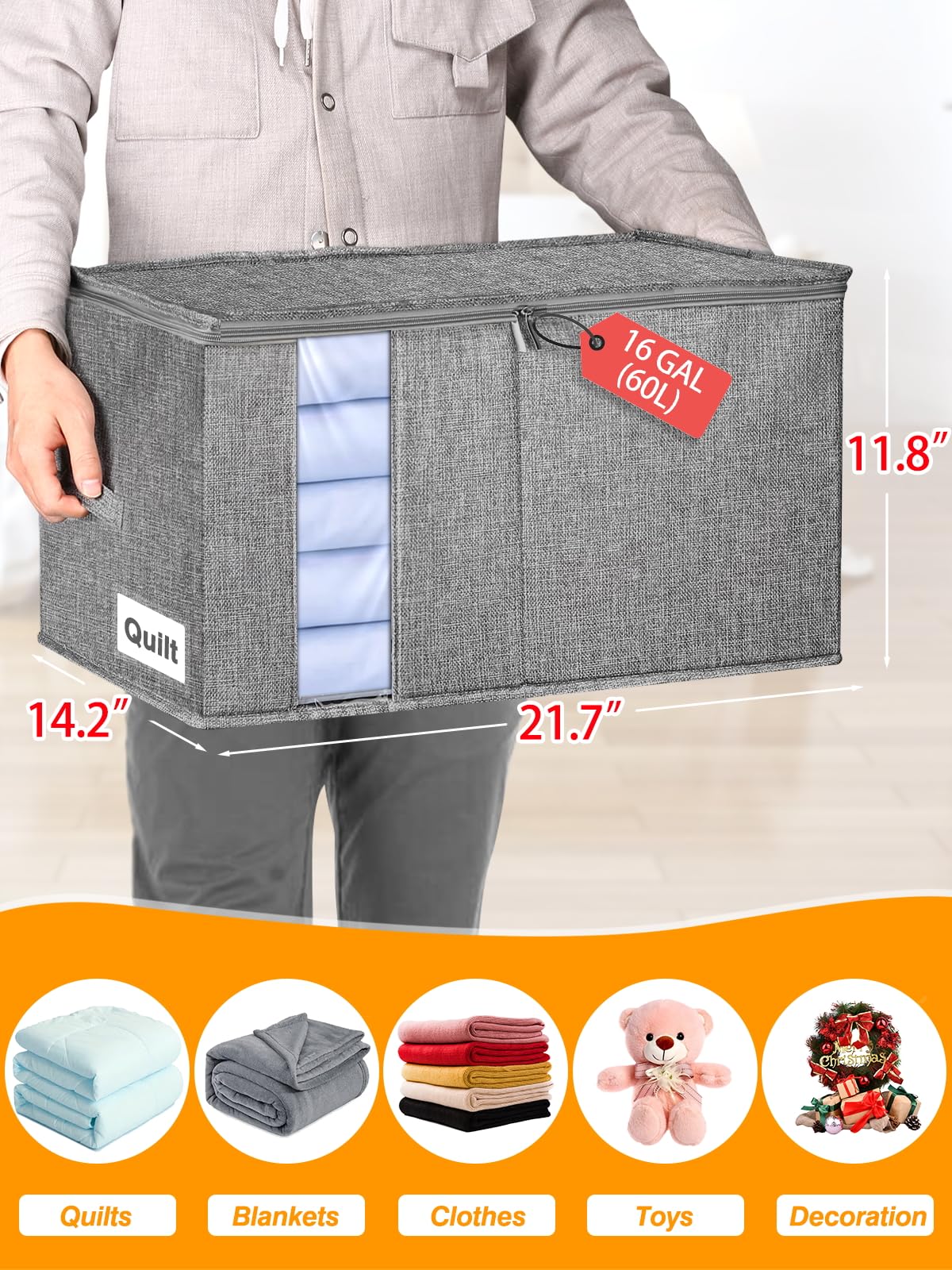 boailydi 60L Blanket/Comforter Storage Bag w/Rigid Side & Bottom Support, Stackable Clothes Storage Bin for Sweaters Bedding Sets Quilts Pillows, Closet Organizer, 21.7x14.2x11.8in, 2 Pack, Gray
