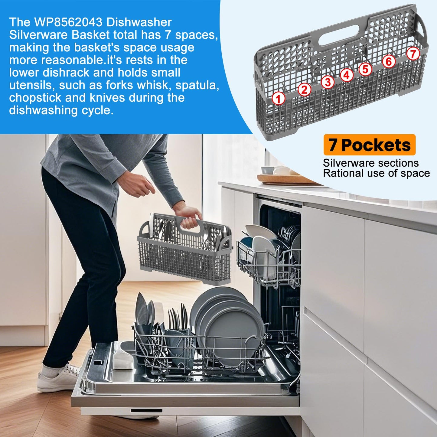 【UPGRADED】WP8562043 8531233 Dishwasher Silverware Basket,For Kitchenaid Whirlpool Dishwasher Utensil Basket Replacement,Universal Dishwasher Cutlery Basket Holder W10190415 WDT730PAHZ0 KDTM354DSS4