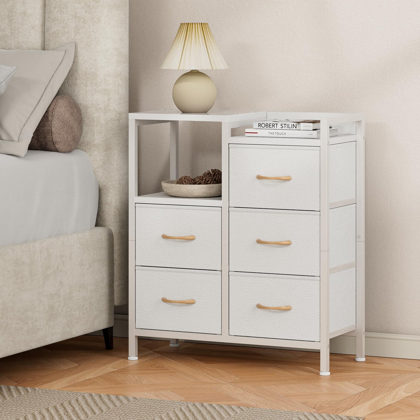 Furnulem 5 Drawer White Dressers for Bedroom 2 Tier Shelf Storage Small Fabric Dresser for Closet Sturdy Metal Frame Modern Style Storage Cabinets Organization Units for Hallway Rooms