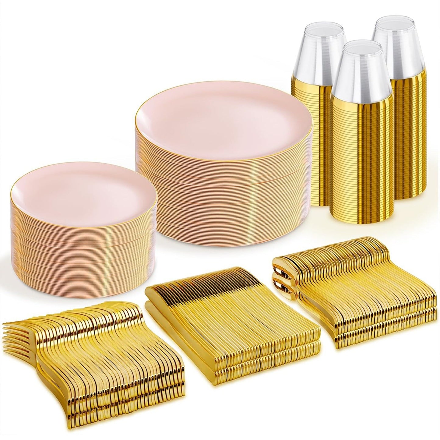WDF 300Pcs Pink Plates Disposable - Pink and Gold Plastic Dinnerware Set for 50 Guests Include 50 Dinner & Cake Plates & 50 Disposable Cutlery & 50 9oz Cups for Wedding/Baby Shower/Birthday