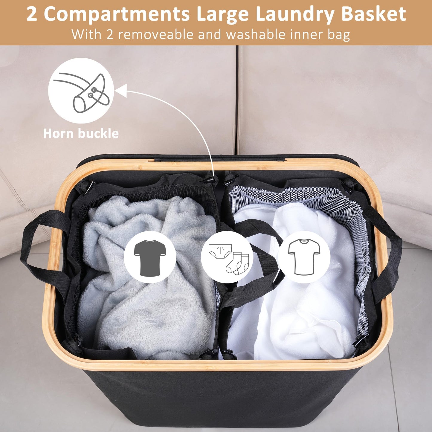 iEGrow 150L Laundry Basket with Lid,Large Laundry Hamper with Bamboo Handles, Hampers for Laundry, Dirty Clothes Hamper with 2 Removable Inner Bags for Clothes Towels,Black