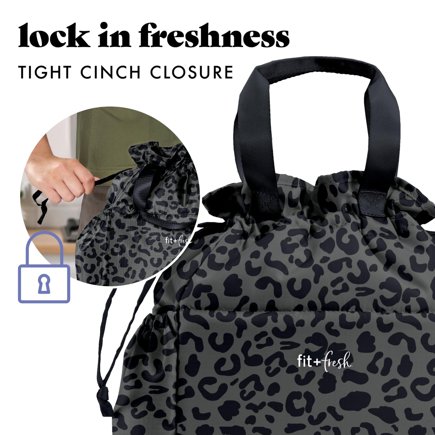 Fit & Fresh Cromwell Drawstring Lunch Bag for Women, Complete Lunch Set with 2 Containers, Stain-Resistant, Leak-Resistant, Back to School Essential, Teacher Lunchbox, Black Cheetah