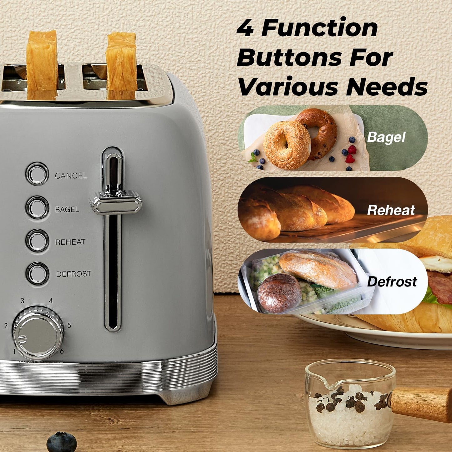 Culinaid Toaster 2 Slice Retro Stainless Steel with 1.5” Extra Wide Slots Bagel, Defrost, Reheat, Cancel Functions, 6 Bread Shade Settings, Removable Crumb Tray, Gray