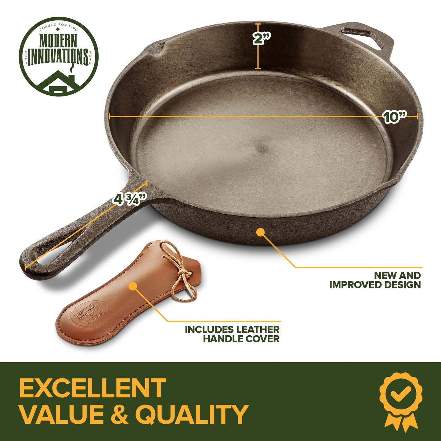 Modern Innovations 10 Inch Cast Iron Skillet, Pre-Seasoned Smooth Polished Surface, Heavy-Duty, Naturally Non-Stick 100% Cast Iron Frying Pan- Saute, Sear & Grill on Campfires, Stoves & Ovens