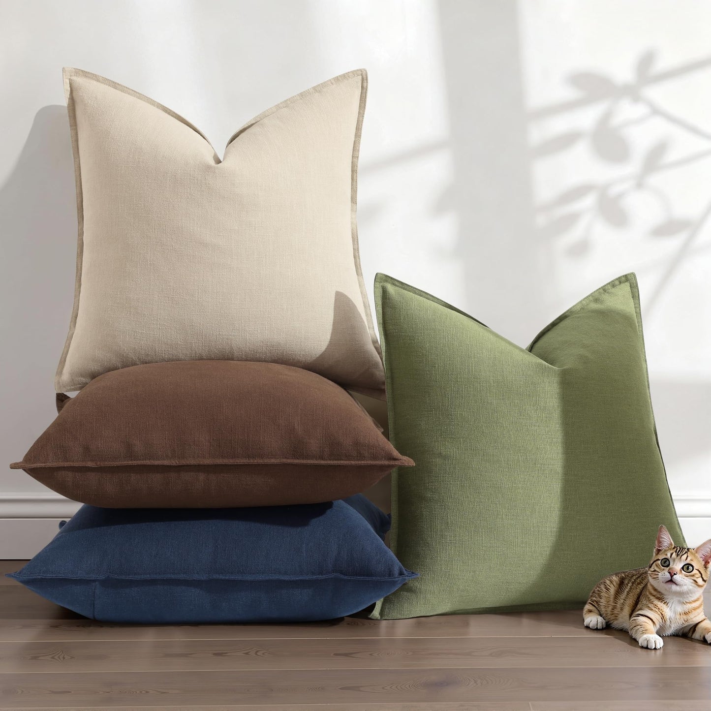 decorUhome Summer Decorative Linen Throw Pillow Covers 18x18 Inch Set of 2 Navy Blue Pillow Covers with Flange Edges Soft Farmhouse Boho Accent Pillow Cases for Couch Bed Living Room