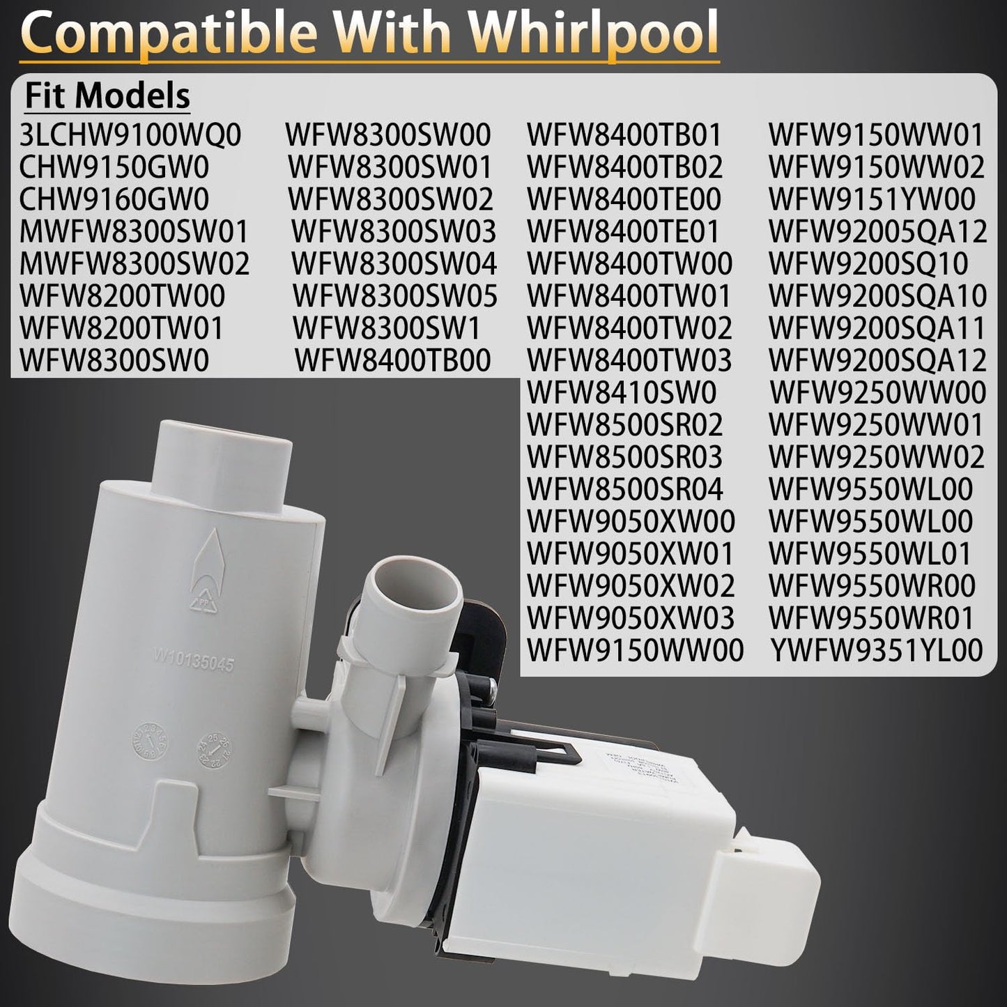 Siwdoy WFW9050XW00 Drain Pump Compatible With Whirlpool Duet WFW9150WW00 WFW9151YW00 WFW9250WW01 WFW8300SW04 WFW8300SW02 WFW9200SQA12 WFW8300SW00