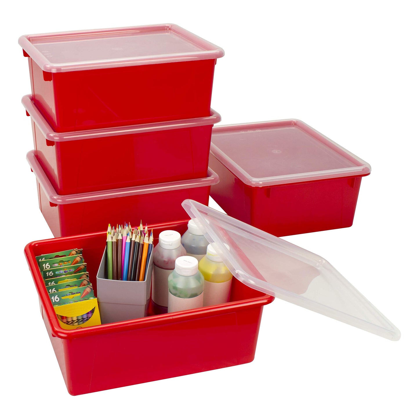 Storex Letter Size Deep Storage Tray – Organizer Bin with Non-Snap Lid for Classroom, Office and Home, Red, 5-Pack (62545A05C)