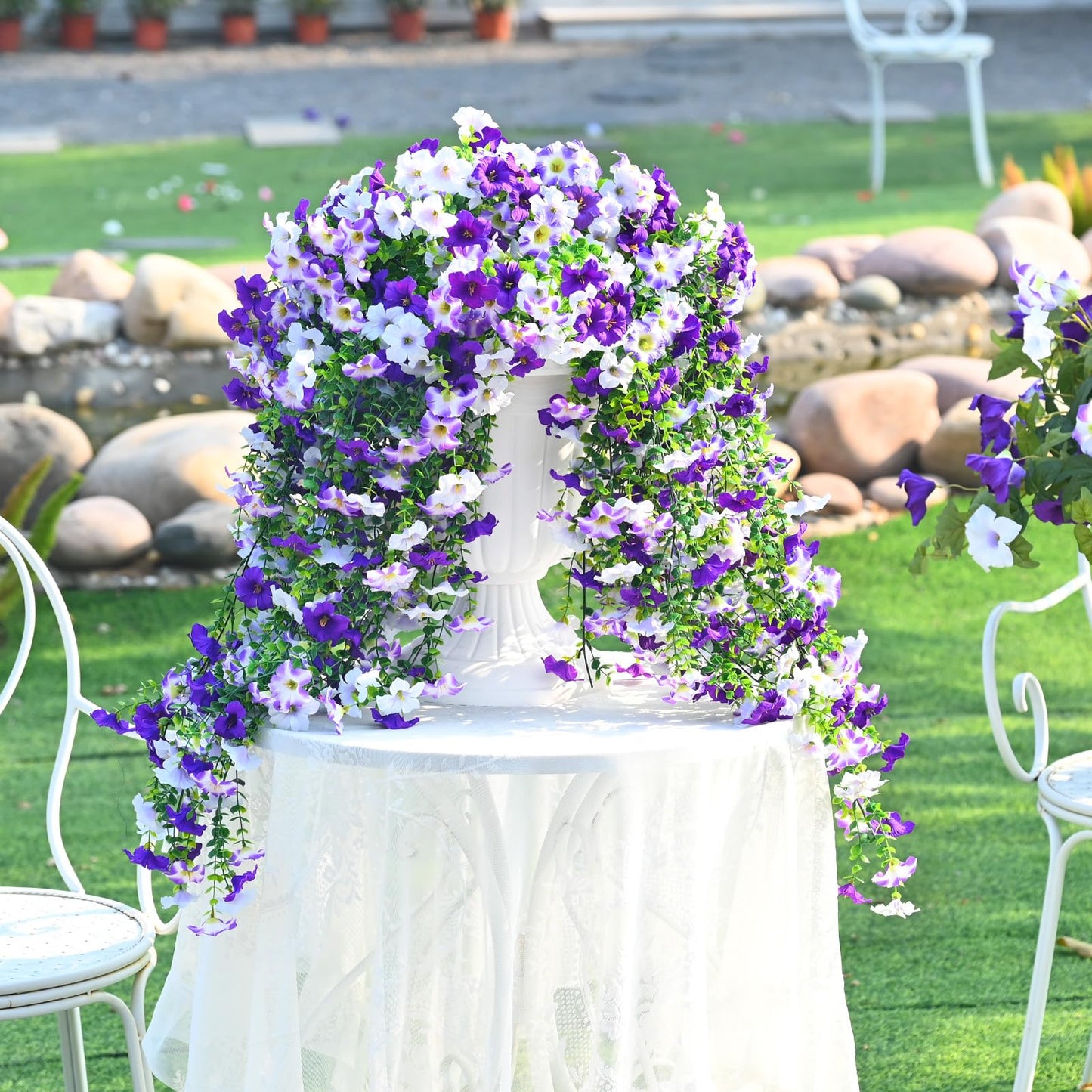Waipfaru Artificial Petunias Flowers for Outdoors, 4 Pcs UV Resistant Fake Hanging Plants Spring Outside Decor, Faux Silk Flowers Long Trailing Vines for Outdoor Planters Porch Garden (Purple White)