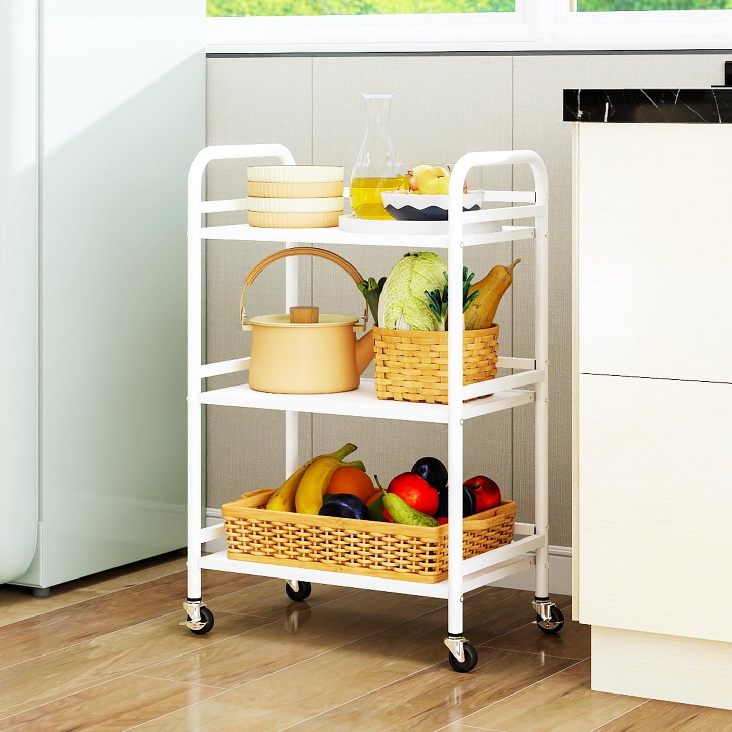 DCLRN 3 Tier Rolling Cart,Storage Organizer Cart,Multifunctional Storage Shelves,Rolling Metal Organization Cart with Handle and Lockable Wheels,for Home,Office,Kitchen,Bathroom(White)