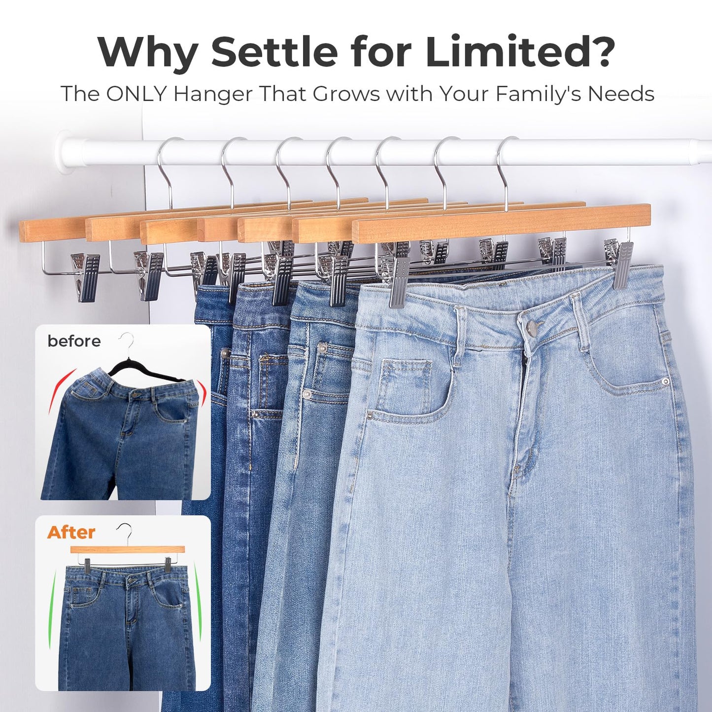 HOUSE DAY Premium Wooden Pants Hangers 25 Pack, Solid Lotus Wood Skirt Hangers with 2-Adjustable Clips, Heavy Duty & Anti Slip Wood Bottom Hanger for Slacks, Jeans, Trousers, Shorts (Natural)