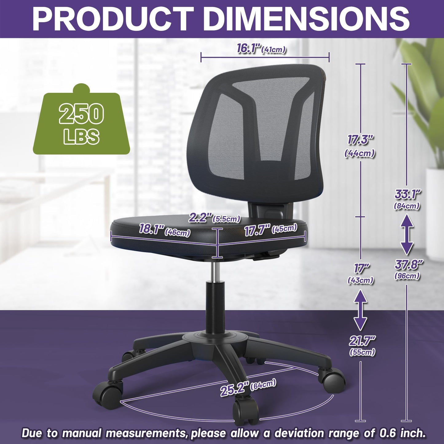 Swivel No Arms Small Home Desk Chair for Computer with Height Adjustable Lumber Support and Rotatoable Wheels for Small Spaces