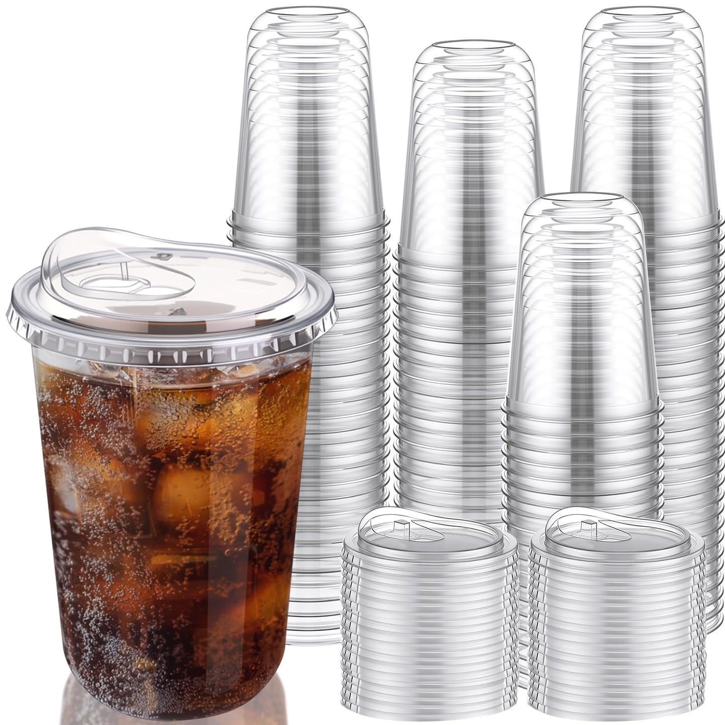 LemonRoad 200 Sets 16 oz Round Bottom Clear Plastic Cups with Sip Lid Disposable Plastic Iced Coffee Cup with Strawless Lid for Smoothie, Juice, Cold Beverage, Party Catering, Drink Shop