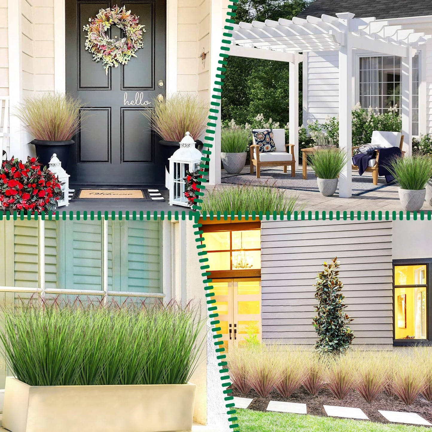 LUZOGA 100Pcs Artificial Grass Plants Outdoor Faux Shrubs Wheat Grass Green Onion Grass Artificial Greenery Tall Stems for Indoor Outdoor Office Home Decor（Green Red Tail）